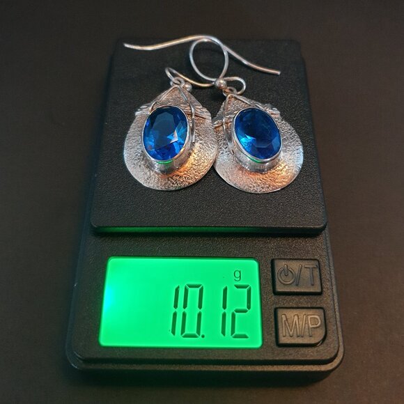 Rare Vintage Art Deco Handcrafted 925 Silver Blue Czech Glass Dangle Earrings - Picture 11 of 11